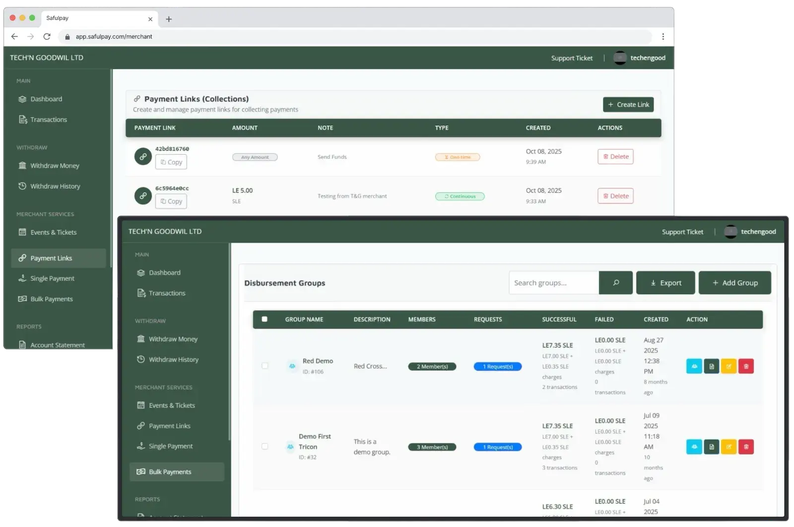 SafulPay merchant app showing payment dashboard and transaction views